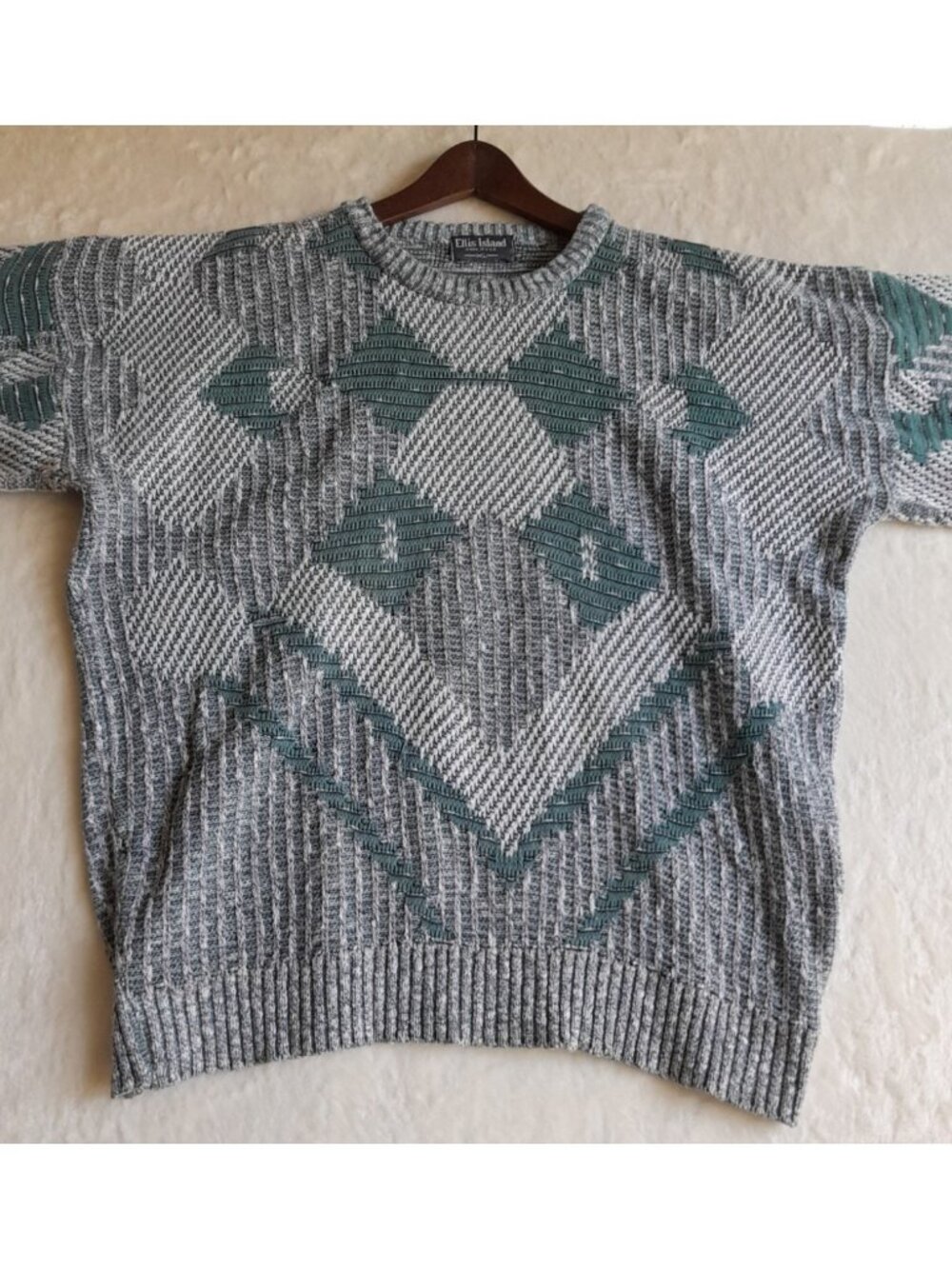 Vtg Ellis Island Mens Sweater Heavyweight Pullover Geometric Print Grandpa XL